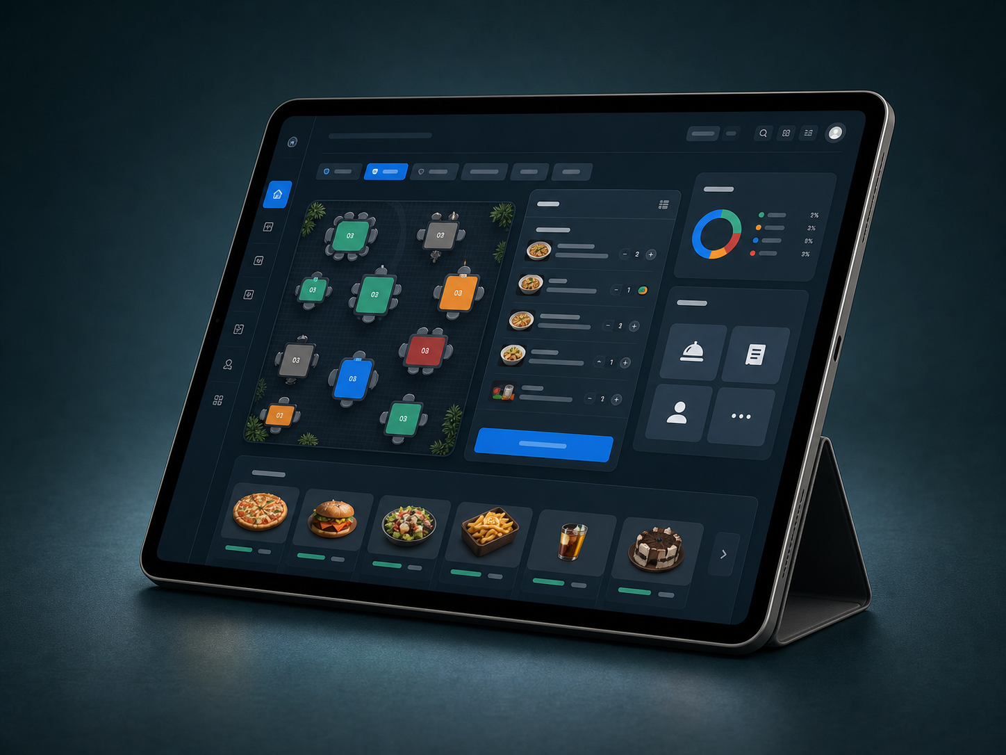 Tablet mostrando un panel de gestión de mesas de restaurante